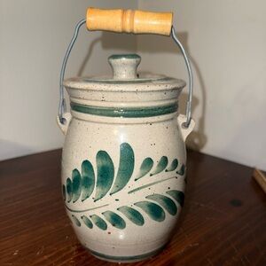 Handcrafted stoneware Jar with Green Leaf Design handle signed glazed
